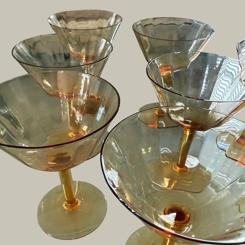 Vintage Amber Glass Champagne Coupes Optic Rib Martini Glasses Set of 8 Decor